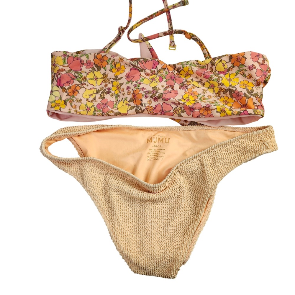 Show Me Your Mumu Floral Bandeau Smocked High Leg Bikini Set Large Pink Peach